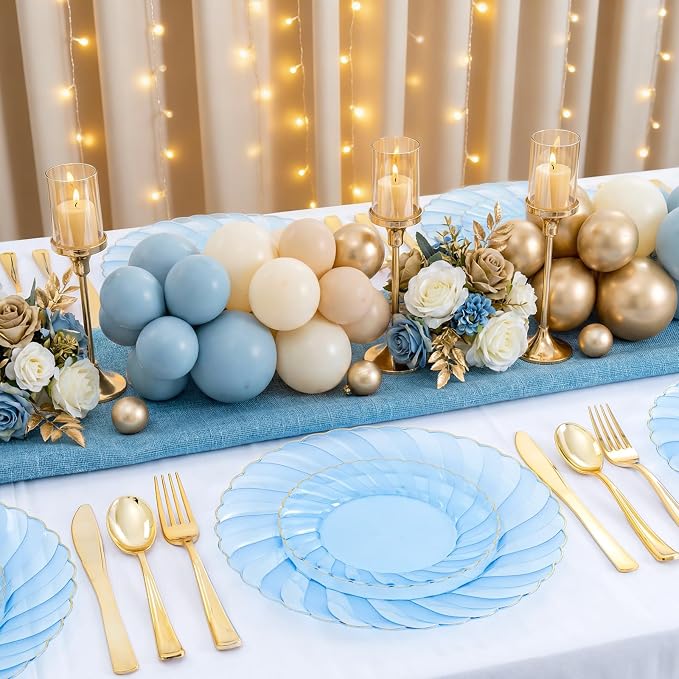 YOUBET 125PCS Clear Blue Gold Plastic Plates - Image 7