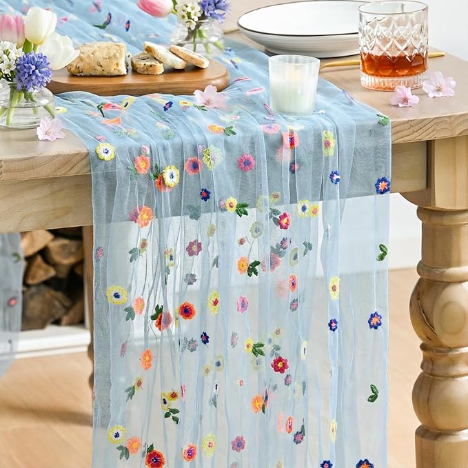 Artoid Mode Blue Embroidery Daisy Gauze Table Runner 120 Inch 10FT | Seasonal by ArtoidMode