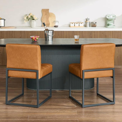 Brown Faux Leather Dining Chairs Set of 4, Mid-Century Modern Dining Room Chairs with Armless, Checkered Kitchen Chair with Metal Legs