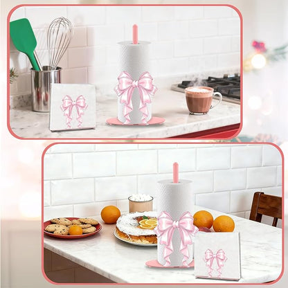 Pink Bow Paper Towel Holder, Pink Countertop Kitchen Decor Indoor with Round Base, Bows Lover Gifts, Iron Bow Napkin Holder Stand Accessories for Bathroom Kitchen Dining, 2 PCS