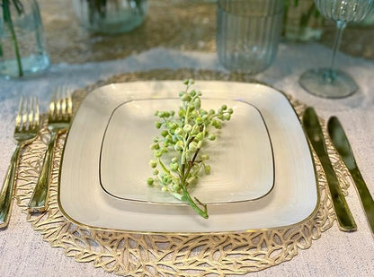 " OCCASIONS " 50 Plates Pack (25 Guests)-Wedding Party Disposable Plastic Plate Set -25 x 10'' Dinner + 25 x 7'' Salad & Dessert plates (Belize Square in Ivory & Gold)