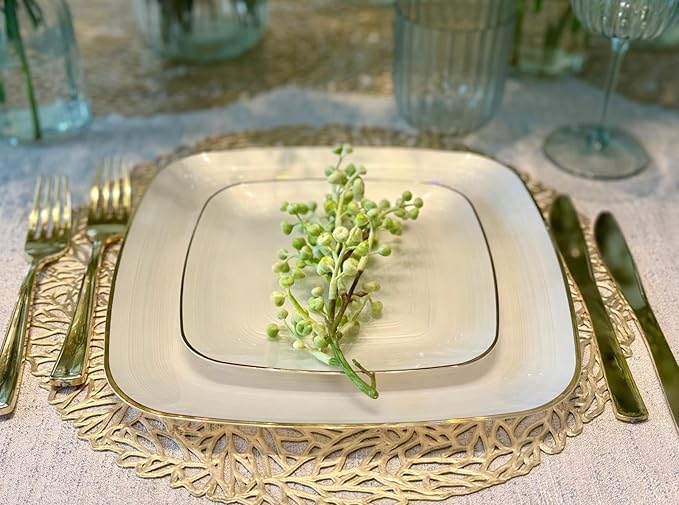 " OCCASIONS " 100 Plates Pack,(50 Guests) Premium Wedding Party Disposable Plastic Plates Set -50 x 10'' Dinner + 50 x 7'' Salad/Dessert (Belize Square in Ivory & Gold)