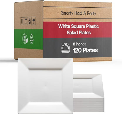 Smarty Had A Party 120 Disposable Plastic Dessert Plates, 8" Heavy Duty Square White Salad Plates for Appetizers and Buffets, Bulk Supplies for Events and all Occasions
