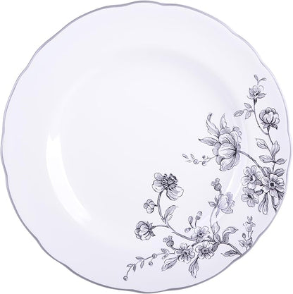 222 Fifth 12-Piece Porcelain Dinnerware Set for 4, White & Black Plates and Bowls Set, Glossy Ceramic Dish Set with Delicate Floral Design, Elegant Kitchen Dishes, Microwave & Dishwasher Safe, Bellamy