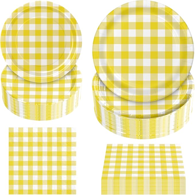 180Pcs Yellow Gingham Party Supplies Paper Plates and Napkins Serve 60 | by Hpscdyo