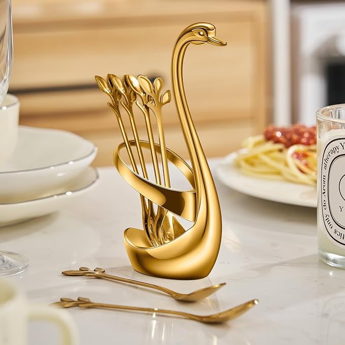 AnSaw Gold Swan Base With 10-Pcs Mini Leaf Coffee Spoon Holder Set - Image 6