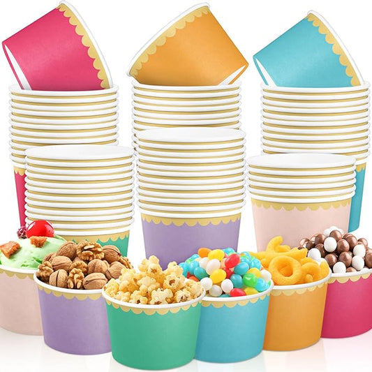 Zopeal 48 Pcs Colorful Disposable Ice Cream Bowls 9oz Candy Gradient Color Paper Snack Cups with Gold Scallop for Parties, Weddings, Baby Showers, Desserts, Yogurt, and Salads