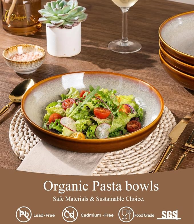 LERATIO 9.0" Ceramic Pasta Bowls Set of 4, 38oz Large Stoneware Bowls Set | - Image 3