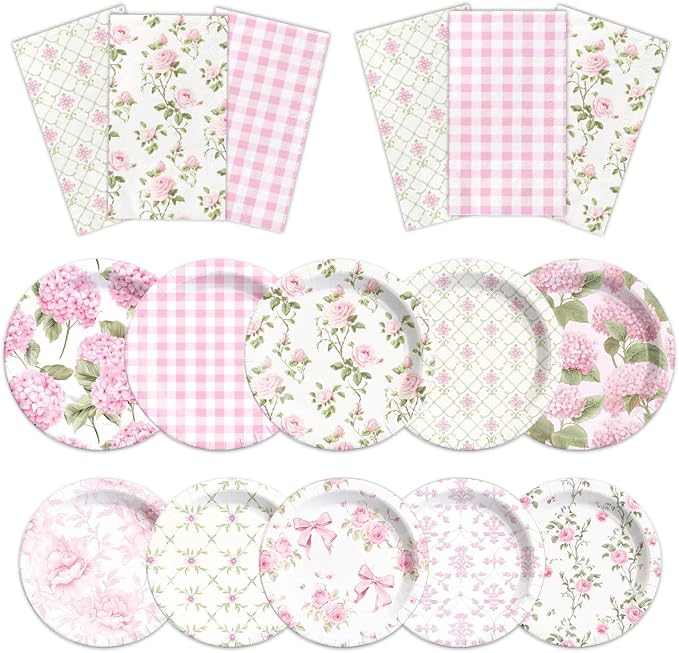 60Pcs Floral Plates and Napkins-Girls Pink Party Supplies Vintage Flower Tea by CMUSKO
