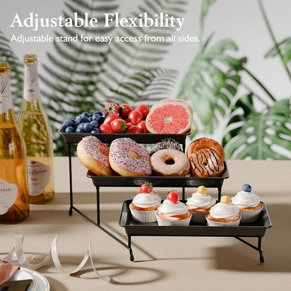 3-Tier Melamine Serving Tray Set, 11.5" x 5.6" Platters for Serving Food, Black Reusable Trays with Black Metal Display Stand for Cupcakes, Sevring Food, Dessert, Fruit, Cookie, Black