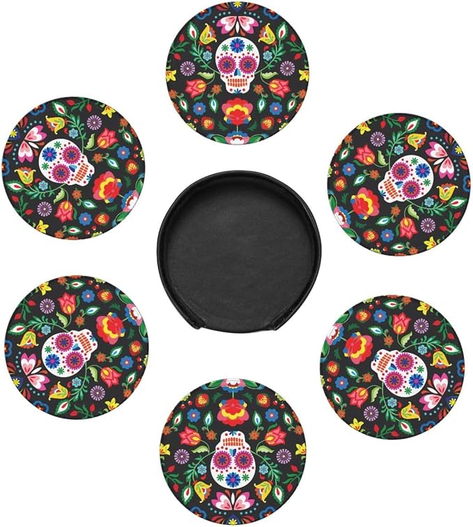 Skeleton Floral Cool Mexican Skull Coasters - Image 4