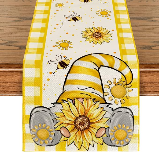 Artoid Mode Yellow Buffalo Plaid Sunflower Gnome Bee Summer Table Runner by ArtoidMode