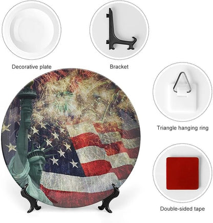 Ceramic Display Plate, American Flag Ceramic Hanging Decorative Plate, Fireworks 4th of July, 6 Inch, Household Custom Ceramic Plate, Multicolor