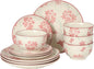 Gibson Home Admiral Hall 12-Piece Matte Stoneware Dinnerware Set – Dinner Plates, Salad Plates & Bowls with Pink Floral Pattern, Durable Everyday Dish Set, Microwave & Dishwasher Safe