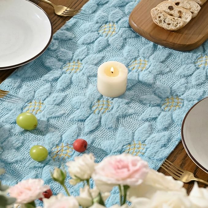 Artoid Mode Blue Soft Plush Faux Fur Jacquard Embroidery Sunflower Spring Table - Image 4