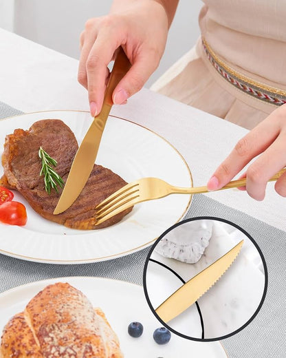 Matte Gold Silverware Set with Steak Knives, 24-Piece Stainless Steel Flatware - Image 6