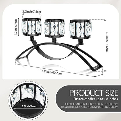 3 Arms Crystal Candle Holders, Arch Candlestick Table Candelabras Centerpieces for Wedding, Dinning Room, Cabinet Ornaments, Home Decoration， Gift (Black, 2 Pcs-3 Arm Arched)