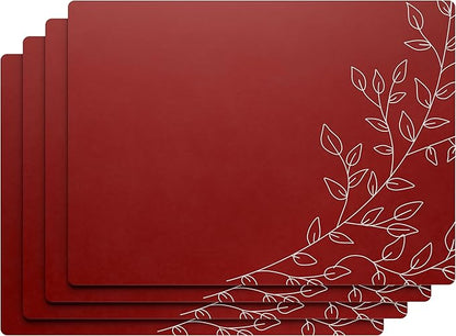 Royalty Art Dark Red Boho Placemats, 4 Pc. Set, Non-Slip Cork Backed, Wipeable Heat Resistant Surface for Kitchen and Dining Table Protection, Cute Floral Pattern for Farmhouse or Rustic Decor