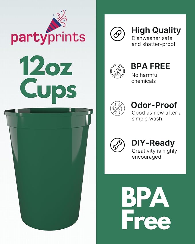 PartyPrints 10 Pack Small 10 to 12 oz Kelly Green Reusable Blank Plastic Cups - Image 3