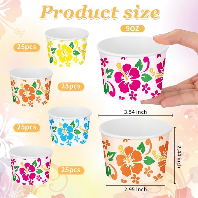 100 Pcs 9oz Summer Hawaii Paper Bowls Treat Snack Cups Summer Ice Cream Dessert - Image 2