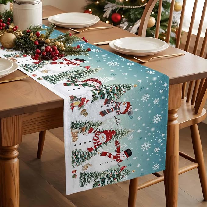 Teal Christmas Snowman Table Runner 70 Inches Long, Xmas Trees Snowflake Table - Image 3