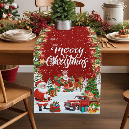 Merry Christmas Table Runner 60 Inches Long, Santa Xmas Tree Snowflake Table - Image 2