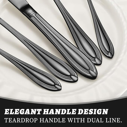 TIVOLI Silverware Set for 6, 30 Piece Heavy Duty Stainless Steel Flatware Utensils Cutlery Set Including Steak Knife Fork and Spoon, Dishwasher Safe, Gift Package for Wedding Housewarming (Black)