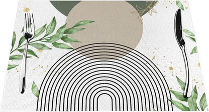 Boho Sage Green Placemats Abstract Bohemian Mid Century Modern Gold Leaves Plant Olive Grey Minimalist Washable Place Mats 12x18Inch for Dining Kitchen Farmhouse Decor 6 PCS