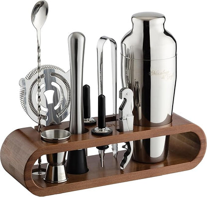 Mixology & Craft Cocktail Shaker Set with Dark Bamboo Stand - Professional 18oz 10-Piece Bartender Kit - Complete Bar Set & Cocktail Mixer Kit for Home (Silver)