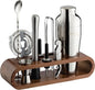 Mixology & Craft Cocktail Shaker Set with Dark Bamboo Stand - Professional 18oz 10-Piece Bartender Kit - Complete Bar Set & Cocktail Mixer Kit for Home (Silver)