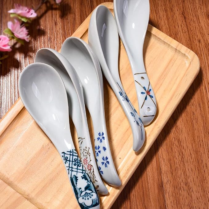 Japanese Style Ceramic Soup Spoons Set of 5, and Painted Porcelain Blue and - Image 2