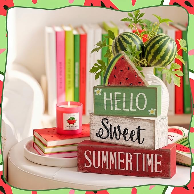 Moucuny 4 Pcs Summer Wooden Table Decor Watermelon Tiered Tray Decor Farmhouse - Image 4