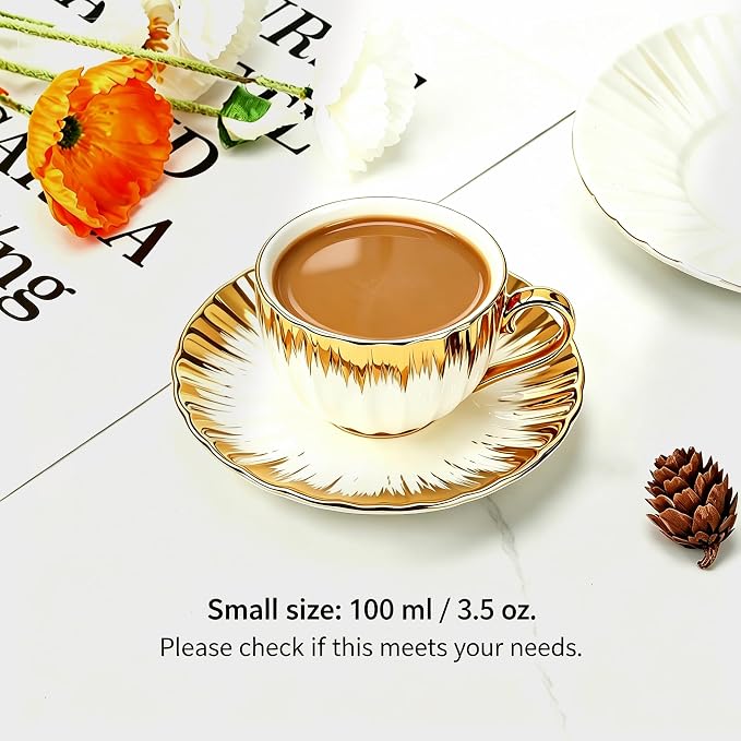 Espresso Cups with Saucers, 3.5 OZ Gold Ceramic Coffee Cup Set of 6, Demitasse - Image 8