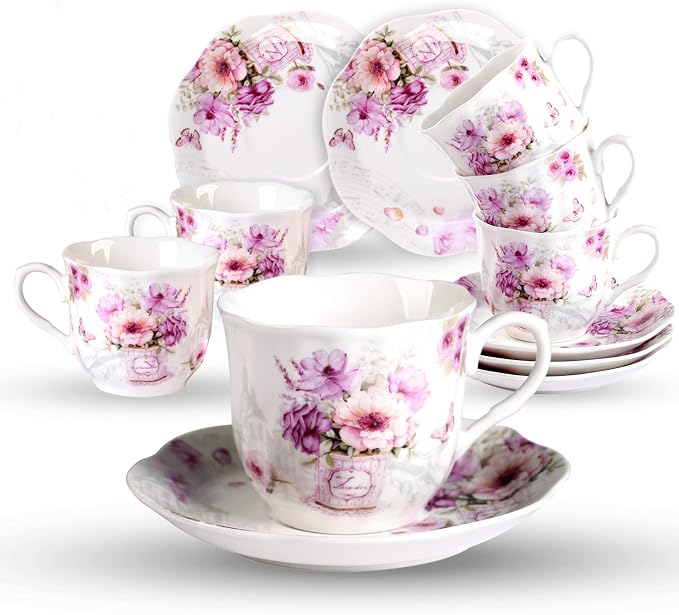 GuangYang 7 oz Porcelain Tea Cups and Saucers set of 6 by HOME