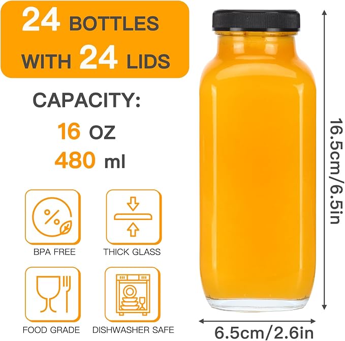 CUCUMI 24pcs 16oz Glass Juice Bottles - Image 2