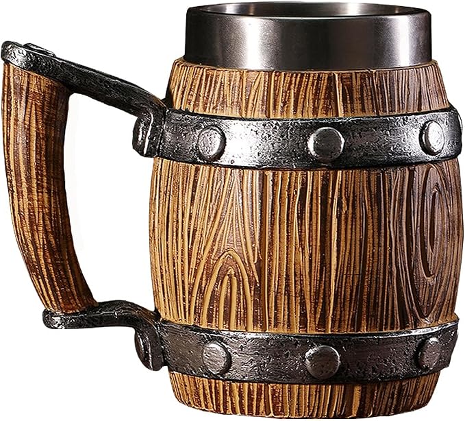 Nordic Viking Mug, pirate Beer Cup, Wooden Barrel Beer Mug Stainless Steel Liner by KUUBEELAA