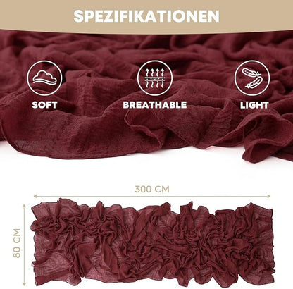 Artoid Mode 3PC Boho Cheesecloth Gauze Burgundy Wedding Table Runner, 120 Inch - Image 6