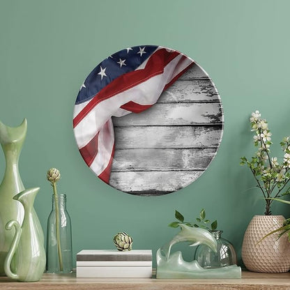 Decorative Plates, American Flag Print Ornament, Flag on Wood Planks, 8 Inch, Kitchen Wall Decor, Multicolor