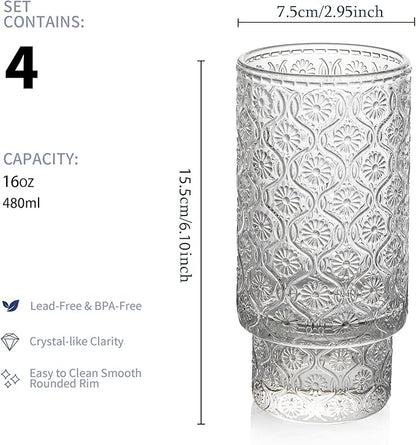 Drinking Glasses Set of 4, 16oz Textured Flower Design Cocktail Glasses, Stackable Old Fashioned Glass Cups, Vintage Glassware for a baby Shower Wedding for Kitchen and Bar - Dishwasher Clear