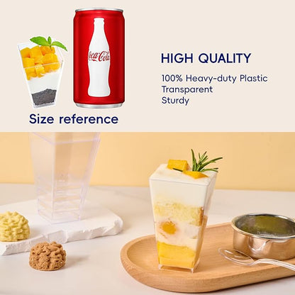 JOLLY CHEF 100 Pack 3 oz Square Mini Dessert Cups with Spoons, Clear Plastic Parfait Appetizer Cup, Small Plastic Dessert Serving Bowl for Tasting Party