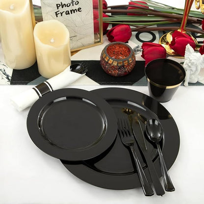 EI 350pcs Black Plastic Plates Disposable Heavy Duty Plastic Dinnerware Set Pre Silverware and Napkins Set Black and Gold Cups for Party Suit for Party,Wedding,Afternoon Tea,Spring,Valentine's Day