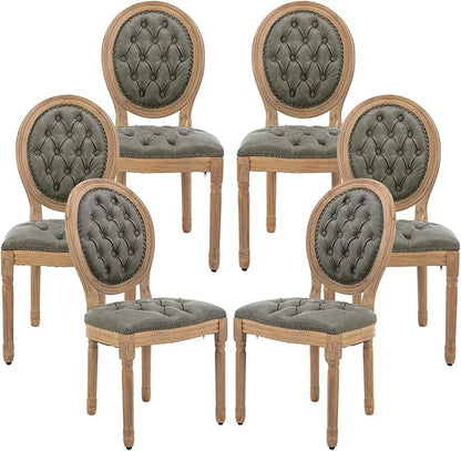 Vintage French Dining Chairs Set of 6, Round Back PU Leather Upholstered Side Chairs with Nailhead Trim and Solid Wood Frame, Sillas de Comedor for Dining Room & Kitchen, Olive Green