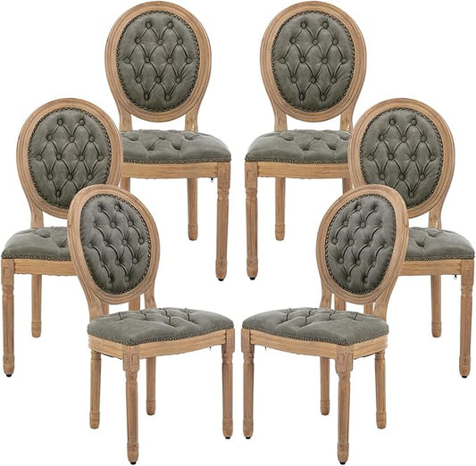 Vintage French Dining Chairs Set of 6, Round Back PU Leather Upholstered Side Chairs with Nailhead Trim and Solid Wood Frame, Sillas de Comedor for Dining Room & Kitchen, Olive Green