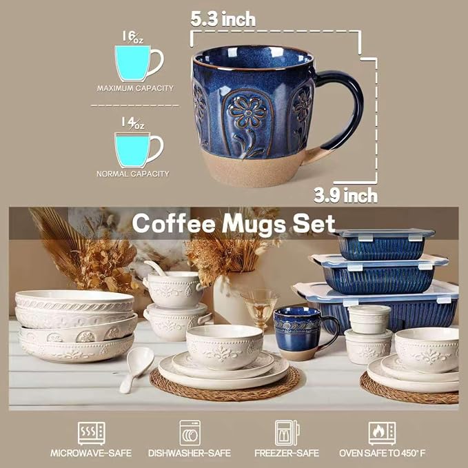 Artena Ceramic Coffee Mugs Set of 4, 16oz Embossed Large Latte Mugs Coffee Cups - Image 5