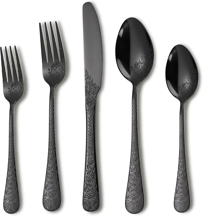 Runfly Modern Carved Floral Black Stainless Steel 20-Piece Flatware Set | by Runfly