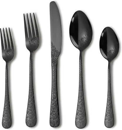 Runfly Modern Carved Floral Black Stainless Steel 20-Piece Flatware Set | by Runfly