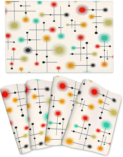 Mid Century Modern Placemats Set of 4, Washable Retro Table Mats for Kitchen Dining Tables Yellow Decorative Linen Place Mats 12x18 Inch