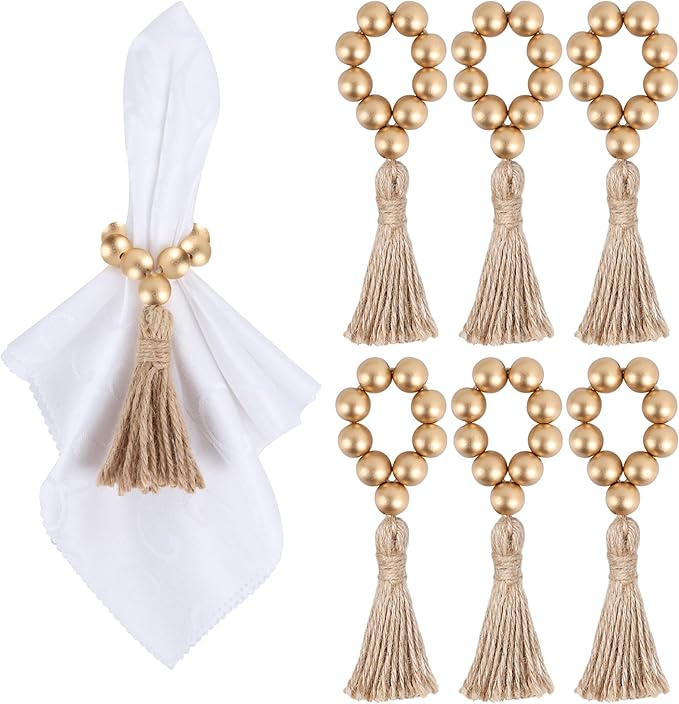 Meplait 6 Pack Wooden Bead Napkin Rings, Boho Farmhouse Table Decor, by Meplait