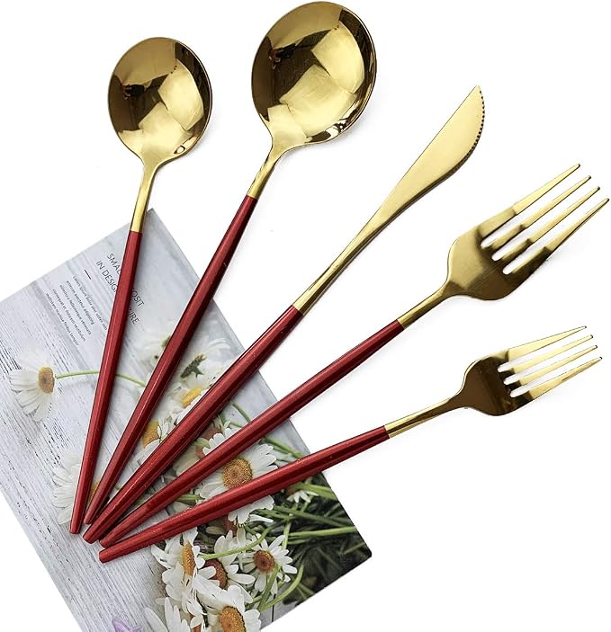 Red Gold Silverware Set, JASHII 20-Piece Stainless Steel Satin Finish Flatware - Image 3