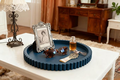 Handmade 12in Decorative Tray for Coffee Table Tray Decor, Blue Wooden Decorative Round Tray for Kitchen, Living Room, Home Decor
